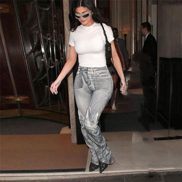 High Waist Fashion Print Street Shooting Slim Slim Casual Pants