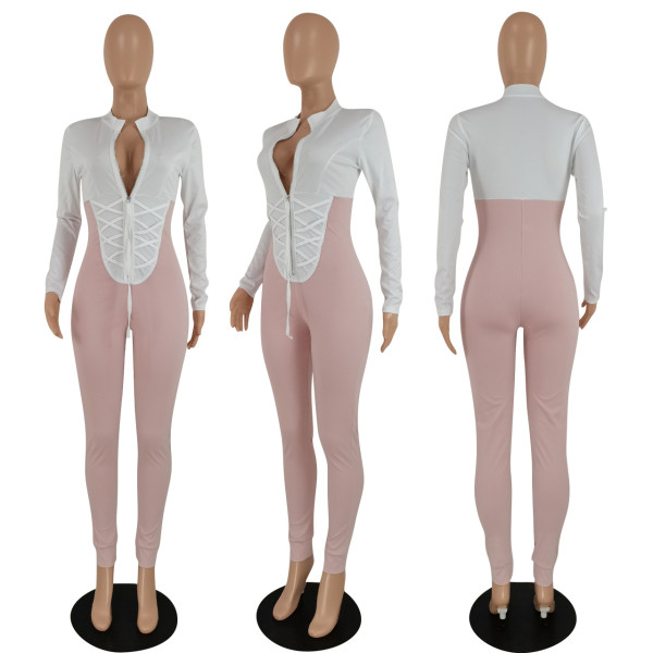 Fashionable temperament multicolor stitching slim jumpsuit