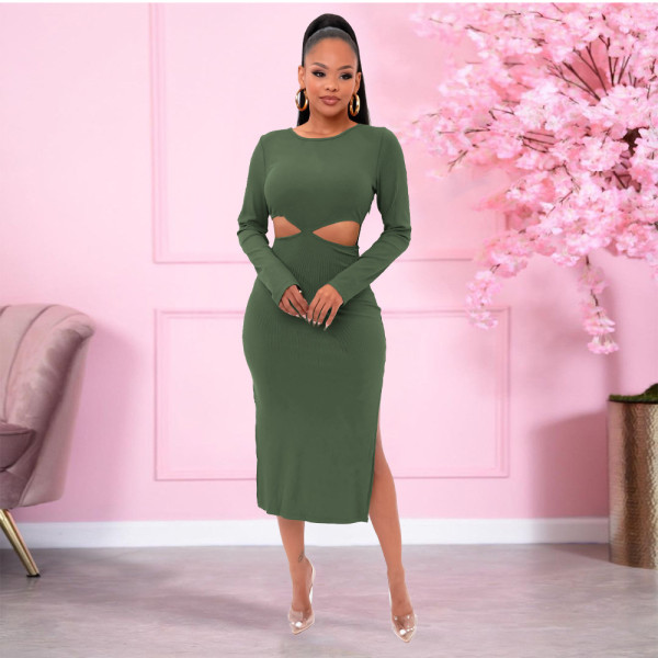 Solid color long-sleeved slit bandage pit-striped fabric sexy hip-lifting hollow seven-point skirt