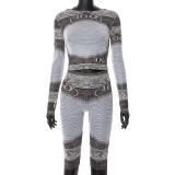 Dollar Print Crew Neck Long Sleeve Shorts Mesh Tracksuit