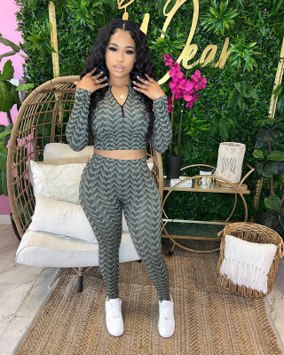 Fashion small pit strip geometric print trousers two-piece set