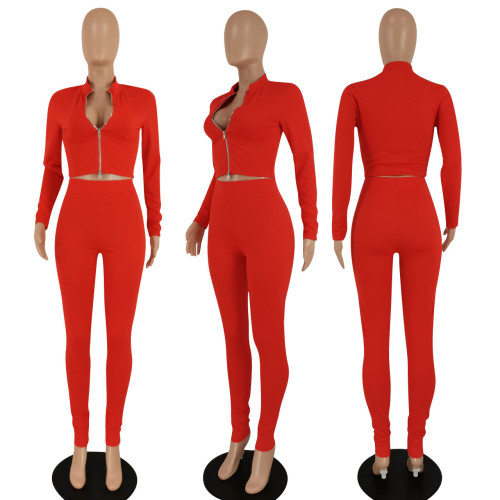 Solid Color Double Zip Top and Pants Two Piece Set