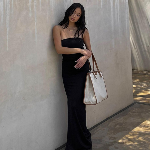 Fashionable word neck tube top solid color slim sexy fishtail dress