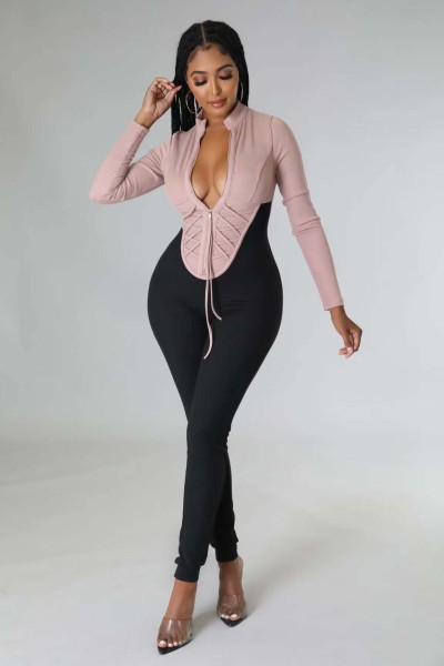 Fashionable temperament multicolor stitching slim jumpsuit