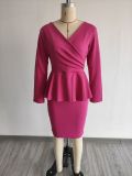 Autumn and winter long-sleeved V-neck back zipper bag hip dress