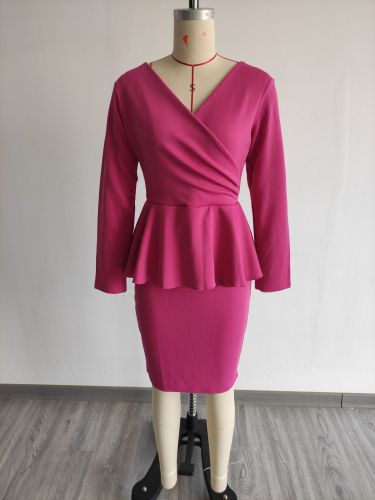 Autumn and winter long-sleeved V-neck back zipper bag hip dress