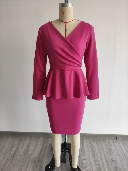 Autumn and winter long-sleeved V-neck back zipper bag hip dress