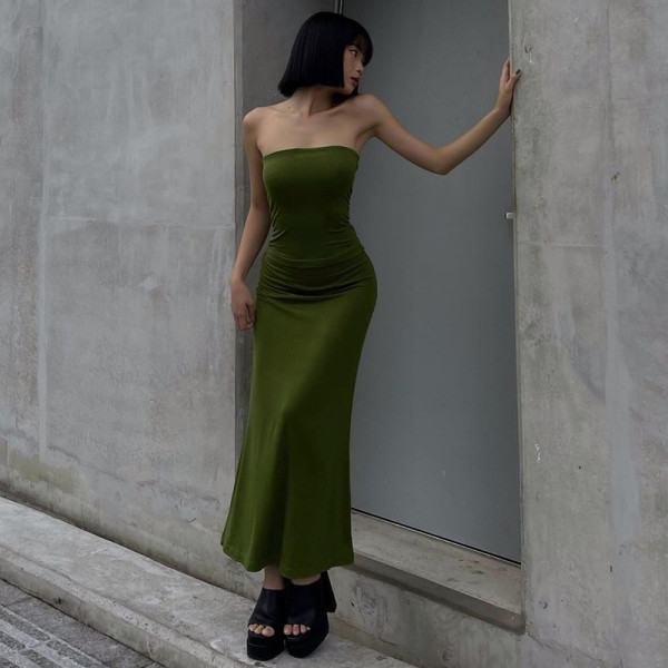 Fashionable word neck tube top solid color slim sexy fishtail dress