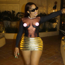 Round Neck Long Sleeve Sexy Body Print Long Bodysuit