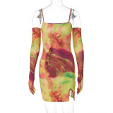 Linked Long Sleeve Sexy Tie-Dye Sling Pack Hip Dress
