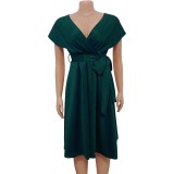 V-neck pleated waist strap sexy dress dress skirt