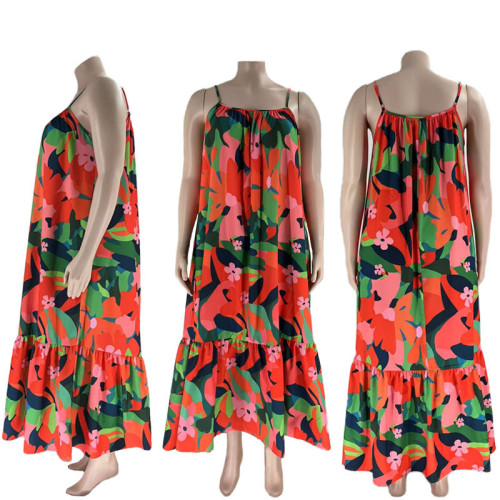 Sexy Off Shoulder Pleated Long Plus Size Women Fashion Print Sling Dress