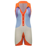 Lapel Breasted Fashion Color Block Splicing Sleeveless Jumpsuit Shorts Women