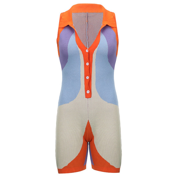 Lapel Breasted Fashion Color Block Splicing Sleeveless Jumpsuit Shorts Women
