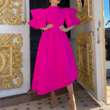 Double layer lotus leaf sleeve solid color swing dress