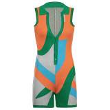 Lapel Breasted Fashion Color Block Splicing Sleeveless Jumpsuit Shorts Women