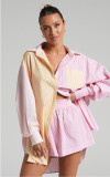 Women's Single Breasted Striped Colorblock Long Sleeve Shirt Top Two Piece Fashion Casual Short Suit