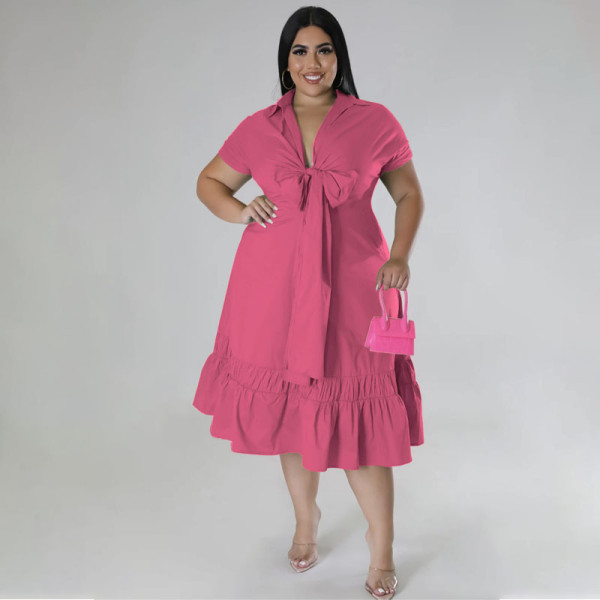 Plus Size Women's Solid Color Lapel Half Cardigan Top Fashion Lace Up Pleated Dress