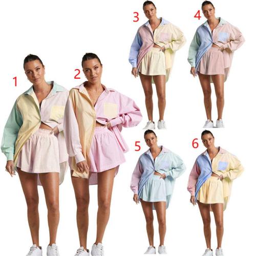 Women's Single Breasted Striped Colorblock Long Sleeve Shirt Top Two Piece Fashion Casual Short Suit