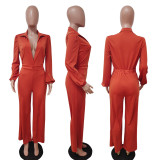 Solid Color Balloon Sleeve Shirt V-Neck Loose Neck Waist Straight Jumpsuit