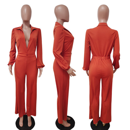 Solid Color Balloon Sleeve Shirt V-Neck Loose Neck Waist Straight Jumpsuit