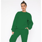 Solid Color Fleece Round Neck Pullover Long Sleeve Sweater Fashion Casual Pants Set