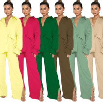 Solid Color Lapel Single Breasted Long Sleeve Lace Up Top Women Fashion Pants Set Solid Color Lapel Single Breasted Long Sleeve Lace Up Top Women Fashion Pants Set