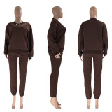 Solid Color Fleece Round Neck Pullover Long Sleeve Sweater Fashion Casual Pants Set