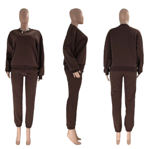 Solid Color Fleece Round Neck Pullover Long Sleeve Sweater Fashion Casual Pants Set