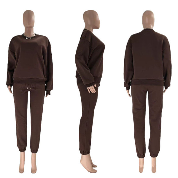 Solid Color Fleece Round Neck Pullover Long Sleeve Sweater Fashion Casual Pants Set
