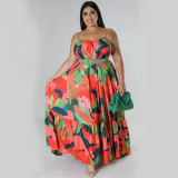 Sexy Off Shoulder Pleated Long Plus Size Women Fashion Print Sling Dress