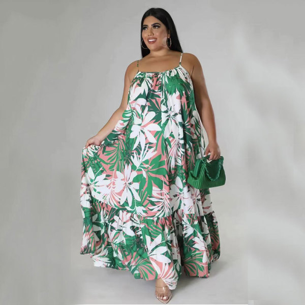 Sexy Off Shoulder Pleated Long Plus Size Women Fashion Print Sling Dress