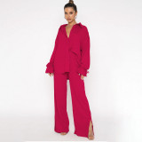 Solid Color Lapel Single Breasted Long Sleeve Lace Up Top Women Fashion Pants Set