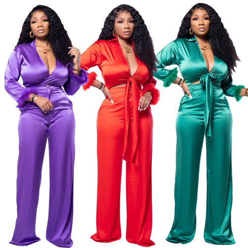 Stretch smooth satin strappy lapel straight set