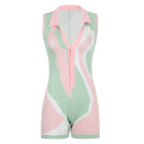 Lapel Breasted Fashion Color Block Splicing Sleeveless Jumpsuit Shorts Women