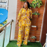 Plus Size Women's Two Piece Fashion Print Casual Lapel Suit