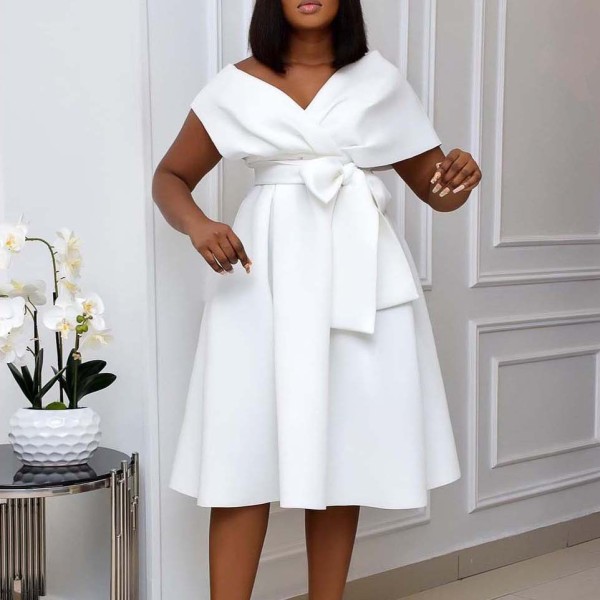 V-neck pleated waist strap sexy dress dress skirt