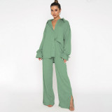 Solid Color Lapel Single Breasted Long Sleeve Lace Up Top Women Fashion Pants Set