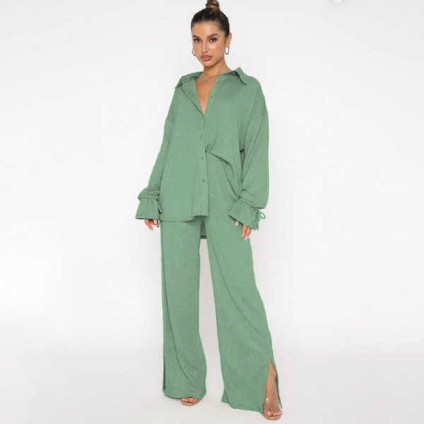 Solid Color Lapel Single Breasted Long Sleeve Lace Up Top Women Fashion Pants Set