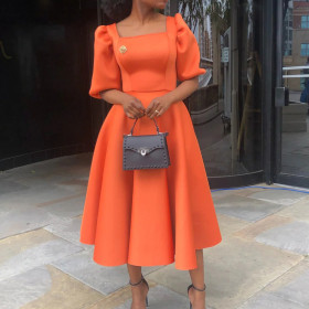 Plus Size Women's Solid Color Fashion Evening Dress Puff Sleeve Dress
