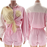 Women's Single Breasted Striped Colorblock Long Sleeve Shirt Top Two Piece Fashion Casual Short Suit