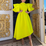 Double layer lotus leaf sleeve solid color swing dress