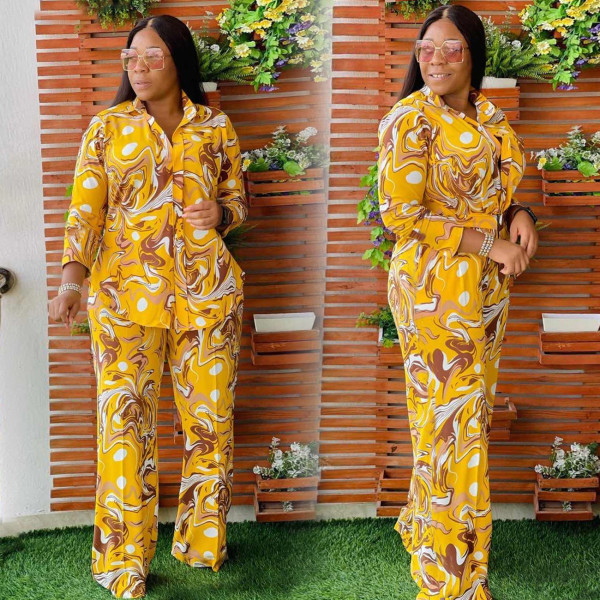 Plus Size Women's Two Piece Fashion Print Casual Lapel Suit