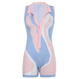 Lapel Breasted Fashion Color Block Splicing Sleeveless Jumpsuit Shorts Women