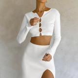 Long Sleeve Buttoned Cardigan Slit Skirt Set Solid Color Skirt