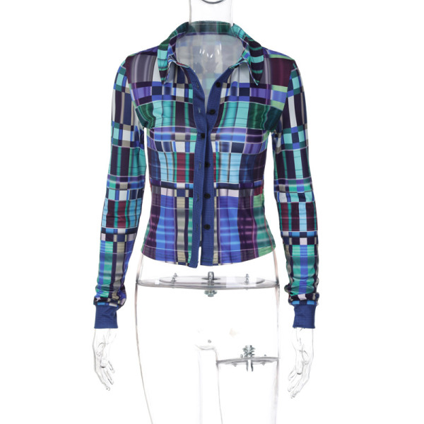 Check Lapel Cardigan T-Shirt Long Sleeve Shirt