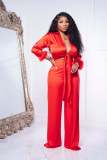 Stretch smooth satin strappy lapel straight set