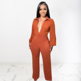 Solid Color Balloon Sleeve Shirt V-Neck Loose Neck Waist Straight Jumpsuit