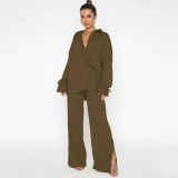 Solid Color Lapel Single Breasted Long Sleeve Lace Up Top Women Fashion Pants Set