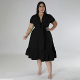 Plus Size Women's Solid Color Lapel Half Cardigan Top Fashion Lace Up Pleated Dress
